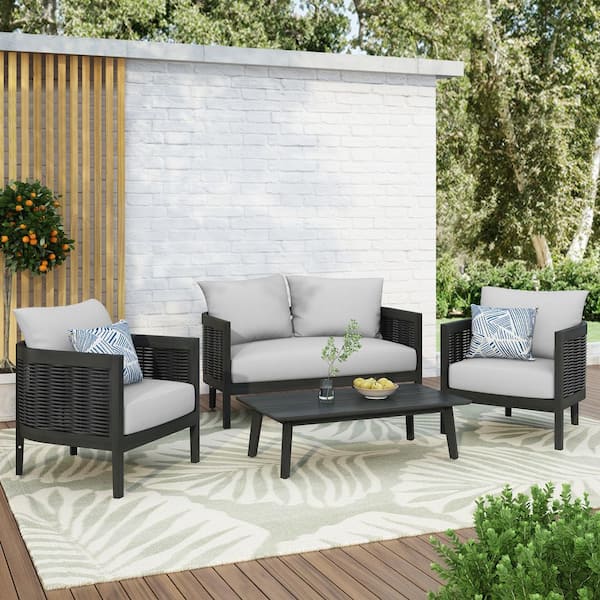 Rattler 4-Piece Acacia Wood and Faux Rattan Outdoor Patio Conversation Set with Light Grey Cushions, Curved Back, Black