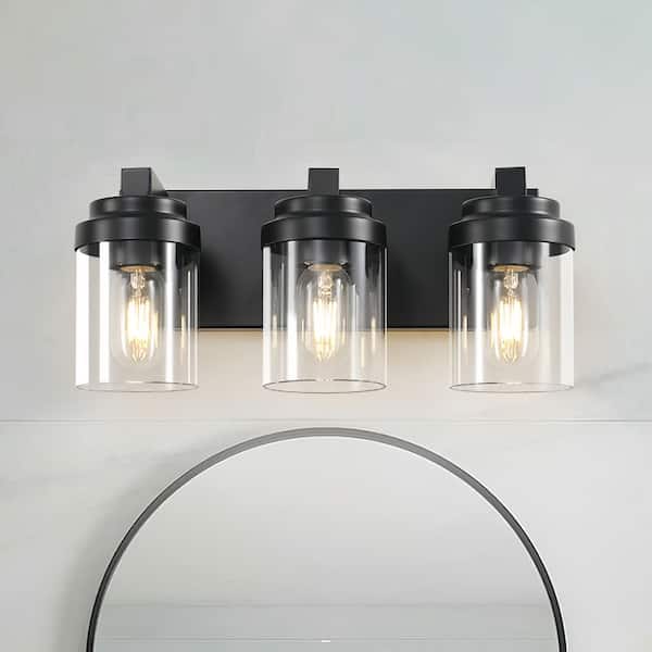 16 in. 3-Light Matte Black Bathroom Vanity Light w/ Clear Glass Shades Classic Wall Sconce for Damp Location (No Bulbs)