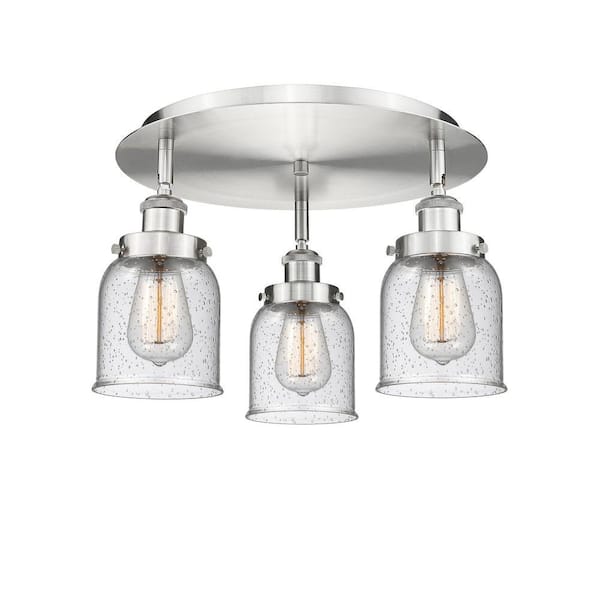 Bell 16.75 in. 3-Light Satin Nickel Art Nouveau Flush Mount with Seeded Glass Shade