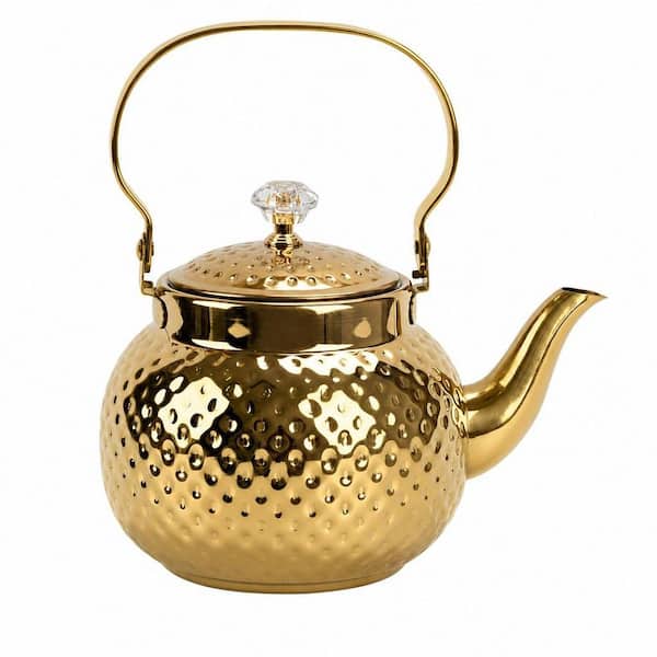 5-Cup Gold Hammered Stainless Steel Stovetop Tea Kettle with Strainer, 1.2L Loose Leaf Teapot for Tea, Milk and Coffee