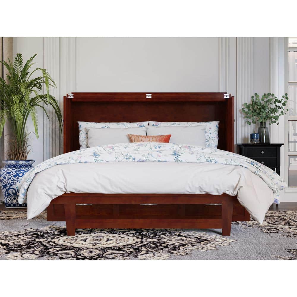 Northfield Walnut Queen Murphy Bed Chest with Built-in Charger and Memory Foam Mattress