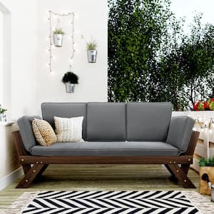 1-Piece Acacia Wood Outdoor Day Bed Sofa, Patio Side-Expandable Chaise Lounge, Adjustable Wooden Sofa with Gray Cushion