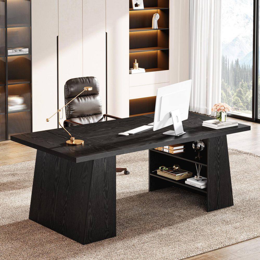 Capen 63 in. Rectangular Black Wood Executive Desk, Large Office Computer Desk with Double Pedestal and Storage Shelves