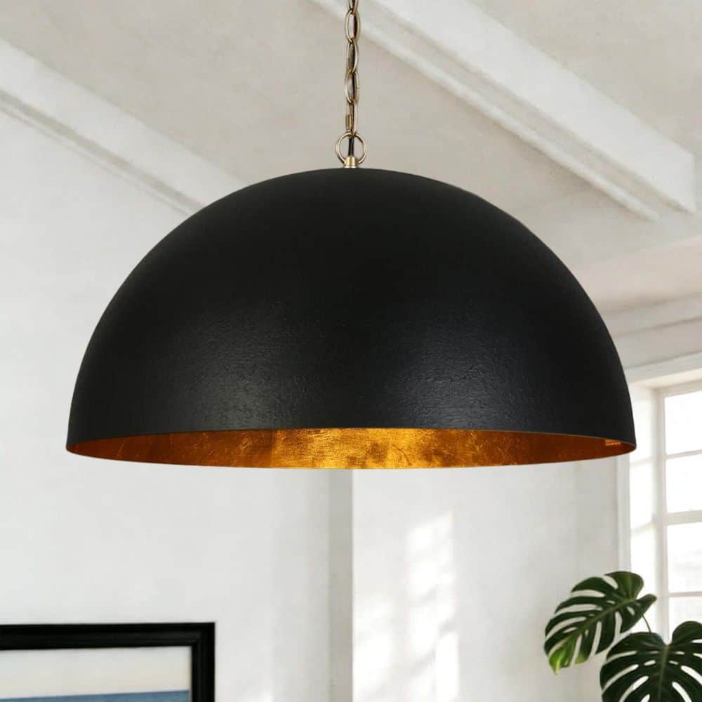 Zevni 23.6 in. 1-Light Modern Black and Gold Dome Pendant Light