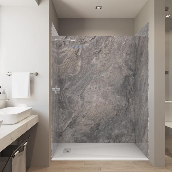 CASTICO Fusion Gray 32 in. x 60 in. x 84 in. Solid Composite Stone Alcove Shower Kit with Walls and White Pan Base L/R Drain