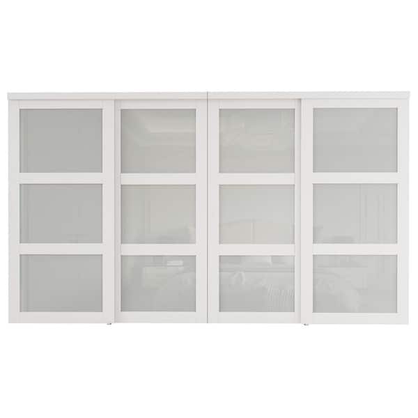 144 in. x 80 in. 3-Lite Frosted Glass White Finished MDF Interior Closet Sliding Door with Hardware