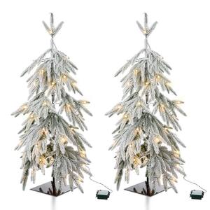 2-Pack 3 ft. Pre-Lit Downward Wrapped Flocked Pine Artificial Christmas Greenery Table Tree With 50 Warm White Lights
