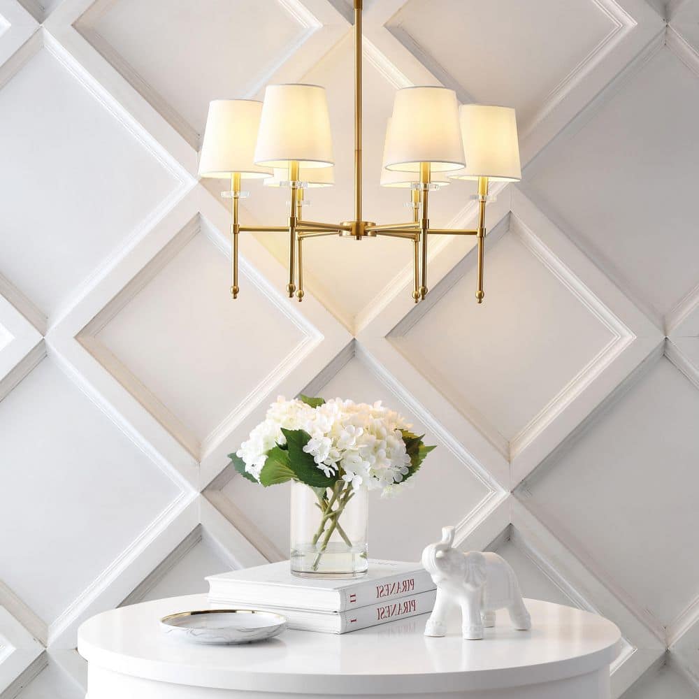 Cillian 27" Satin Gold Brass 6-Light LED Chandelier with White Fabric Shades