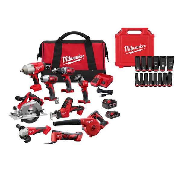 M18 18-Volt Lithium-Ion Cordless Combo Kit 9-Tool with 2-Batteries, Charger and Tool Bag w/ Impact Socket Set