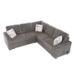 83 in.  Gray Modern Linen Full Size Reversible Sleeper Sofa Bed with 2 USB ports