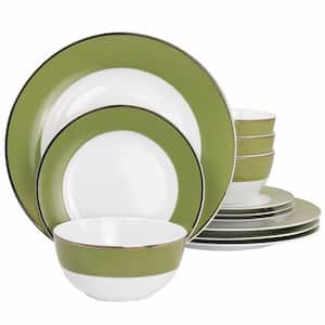 Martha Stewart Gold Rimmed 12 Piece Fine Ceramic Dinnerware Set in Green Service for 4