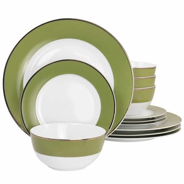 Martha Stewart Gold Rimmed 12 Piece Fine Ceramic Dinnerware Set in Green Service for 4