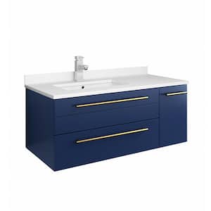Lucera 36 in. W Wall Hung Bath Vanity in Royal Blue with Quartz Stone Vanity Top in White with White Basin