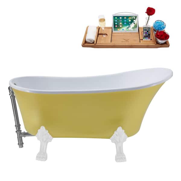 Streamline 55 in. Acrylic Clawfoot Non-Whirlpool Bathtub in Matte Yellow With Glossy White Clawfeet And Brushed Gun Metal Drain
