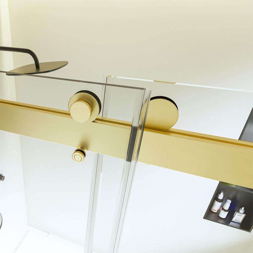 Brushed Gold Frameless Double Sliding Shower Door with Clear Tempered Glass
