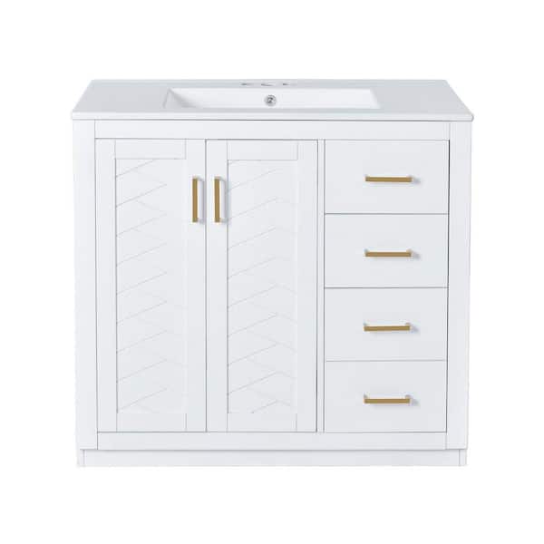 36 in. Freestanding White Bath Vanity with White Ceramic Top, Bathroom 3 Drawers and 2 Door Storage Cabinet Unassembled
