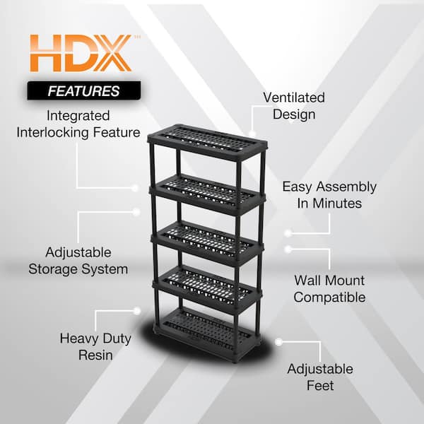 5 Tier Plastic Garage Storage Unit in Black (36 in, W x 73.5 in H x 18 in. D)