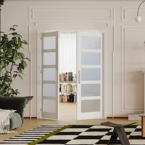 60 in. x 80 in. Solid Wood and MDF, 5 Lite, Frosted Glass, White Primed, Pantry Door, Interior Door Slab with Ball Catch