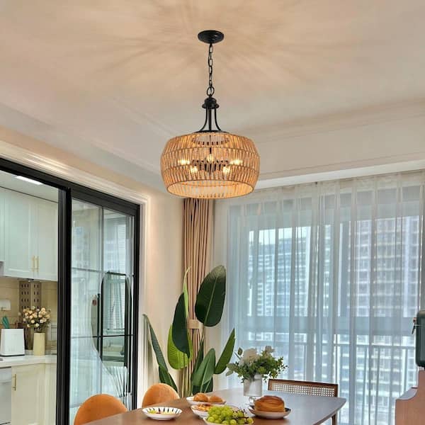 Avex 5-Light Black and Brown Boho Hemp Rope Pendant Light with Natural Rope Shade, No Bulbs Included