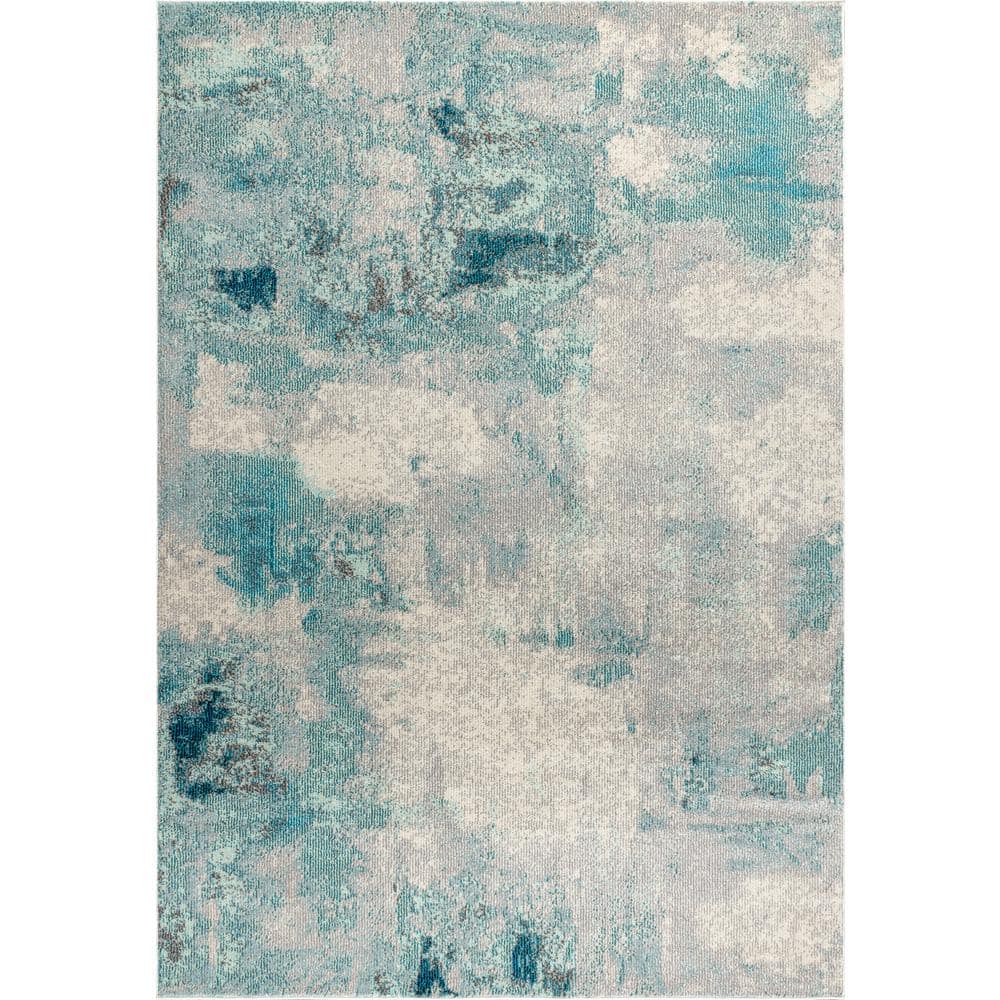 Cream and Blue Abstract Flat Woven Synthetic Area Rug