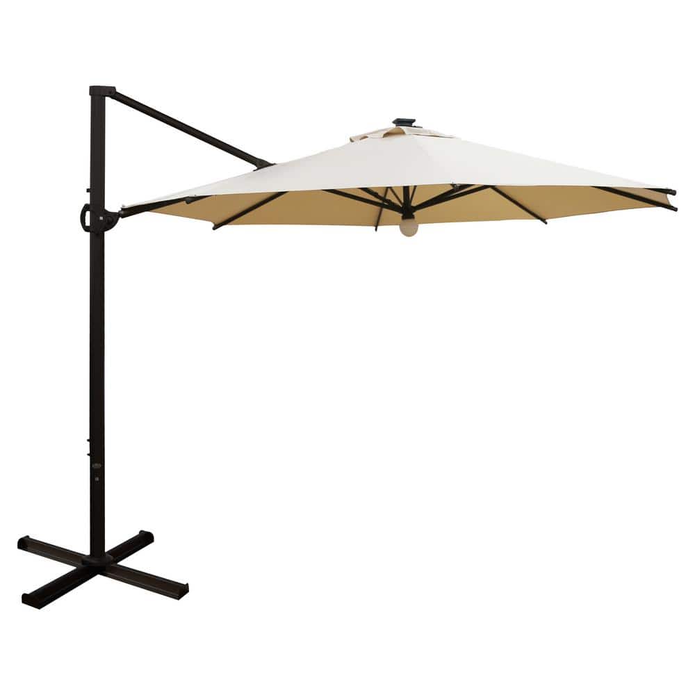 11 ft. Solar LED Cantilever Umbrella Patio Umbrella in Beige with Cross Bas