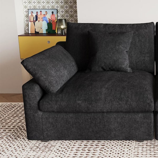 Modern 41 in. Flared Arm Linen Upholstered Cloud Couch Sectional 1-Seat Down Filled Sofa in Black (R Side Modular)