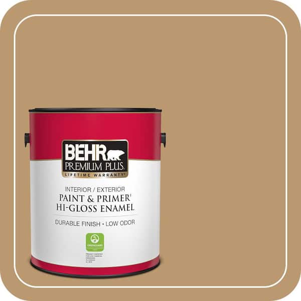 BEHR PREMIUM PLUS 1 gal. #ECC-24-1 Amber Leaf Hi-Gloss Enamel Interior/Exterior Paint & Primer
