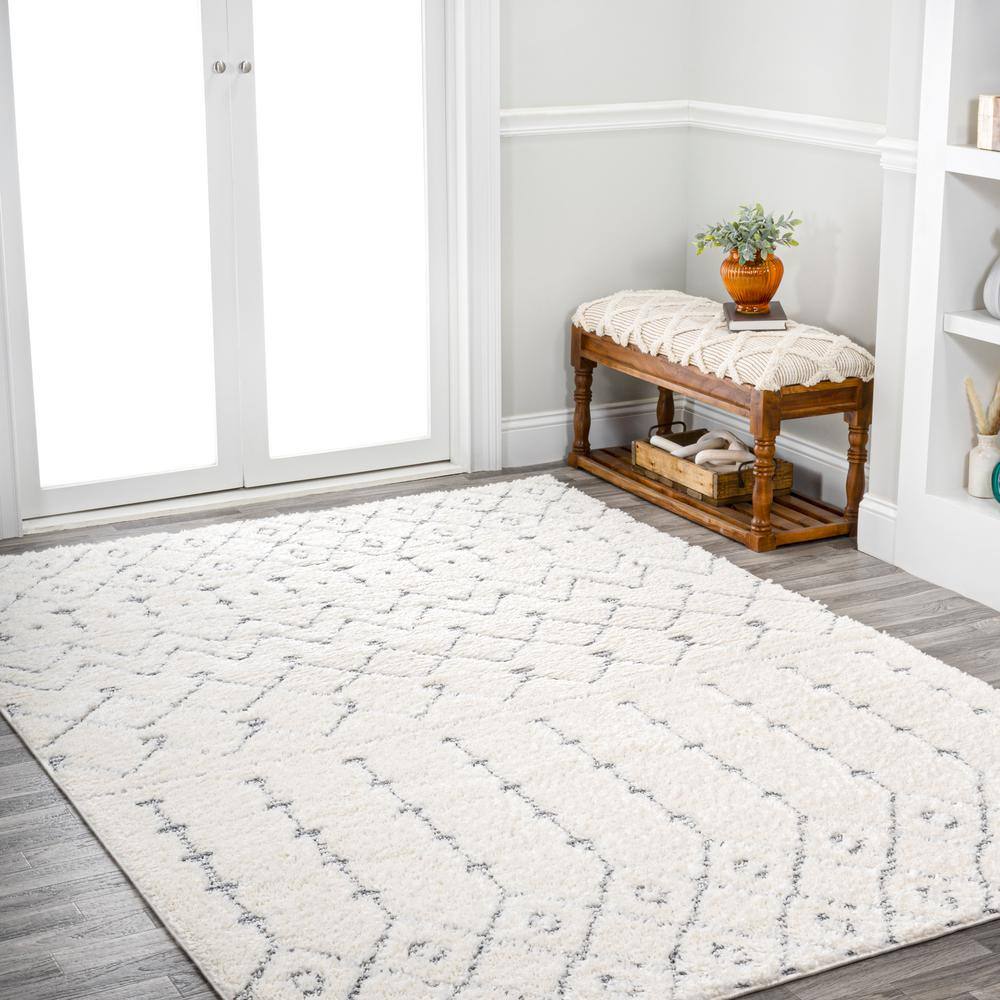 Cream and Gray Moroccan Trellis Shag Area Rug