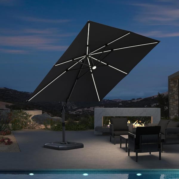 PURPLE LEAF 10 ft. Square Patio Solar Powered LED Cantilever Umbrella Aluminum Offset 360° Rotation Umbrella in Gray