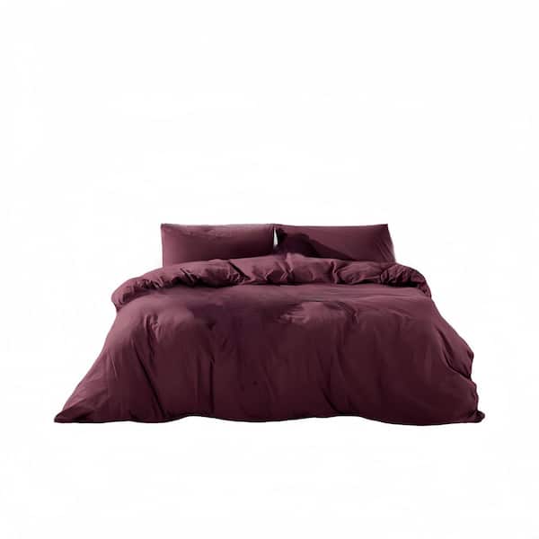Red 3-Piece - 100% Certified Organic Cotton Duvet Cover Set , Linen-Like Texture, Breathable, Queen Size