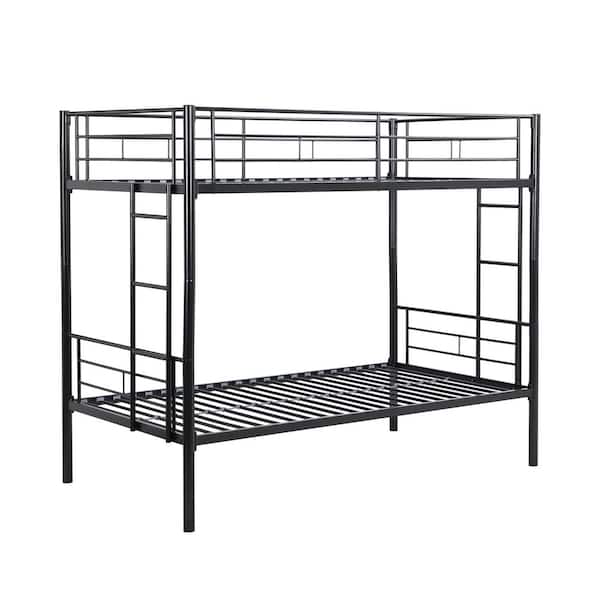 Black Over Twin Metal Bunk Bed Sturdy Space Saving Design with Safe Stairs No Box Spring Needed