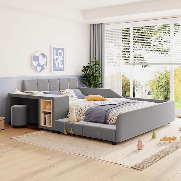 Gray Wood Frame Queen Upholstered Platform Bed with Bedsde Desk and Little Round Stool