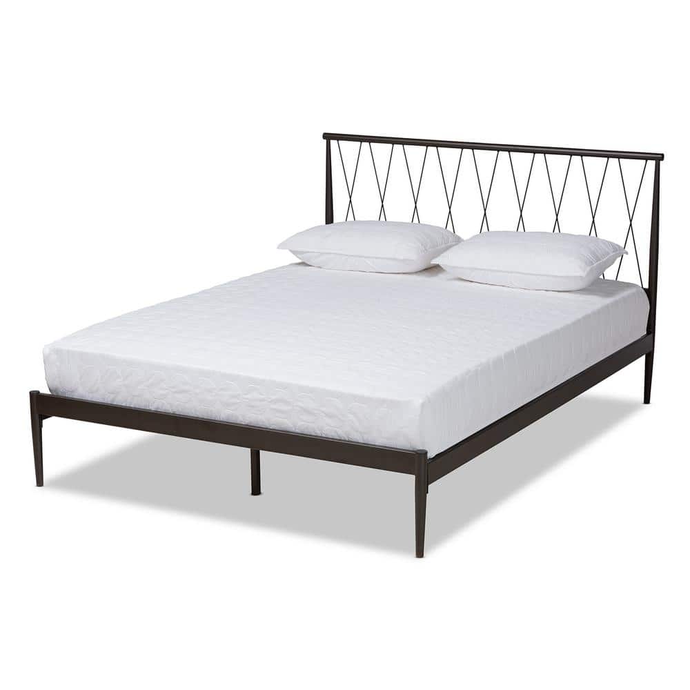 Full Black Metal Platform Bed with Crisscross Headboard