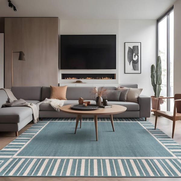 Edge Teal 8 ft. x 10 ft. Rubber Back Washable Geometric Border Indoor Outdoor Patio Area Rug