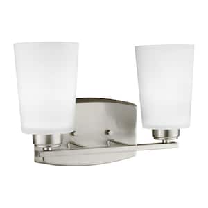 Franport 13 in. 2-Light Brushed Nickel Traditional Chic Wall Bathroom Vanity Light with Etched White Glass Shades