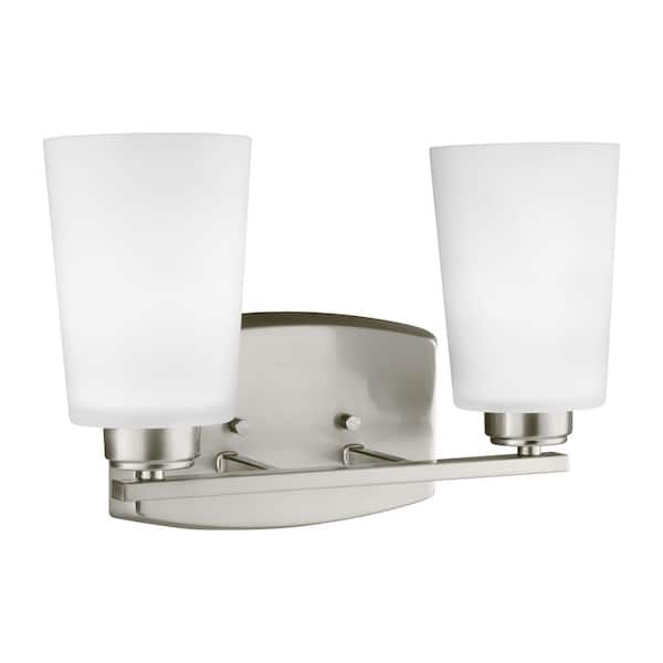 Generation Lighting Franport 13 in. 2-Light Brushed Nickel Traditional Chic Wall Bathroom Vanity Light with Etched White Glass Shades