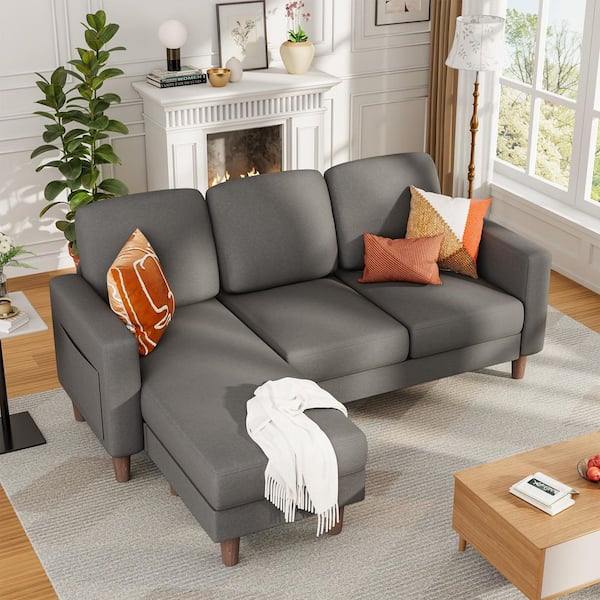 L-Shaped Sofa 72 in. Square Arm 1-Piece Linen Sectional Sofa in Light Gray