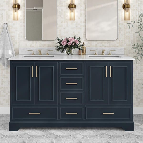 ARIEL Stafford 61 in. W x 22 in. D x 35.25 in. H Double Sink Bath Vanity in Midnight Blue with Carrara White Marble Top