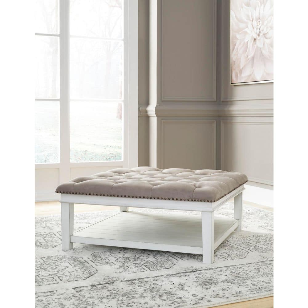 Whitewash Square Tufted Cocktail Ottoman with Lower Shelf