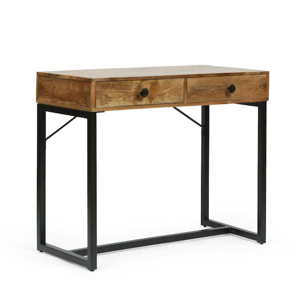 Noble House Jarvi 38 in. Natural Honey and Black Mango Wood 2-Drawer Writing Desk