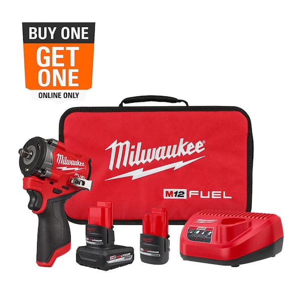M12 FUEL 12V Li-Ion Brushless Cordless Stubby 3/8 in. Impact Wrench Kit w/(1) 5.0Ah & (1) 2.5 Ah High Output Batteries