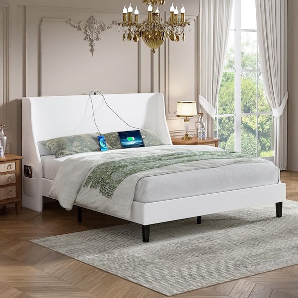 VECELO Upholstered Bed Frame White Metal Frame Full Platform Bed with Headboard and Wingback Bed Frame USB and Type-C Ports