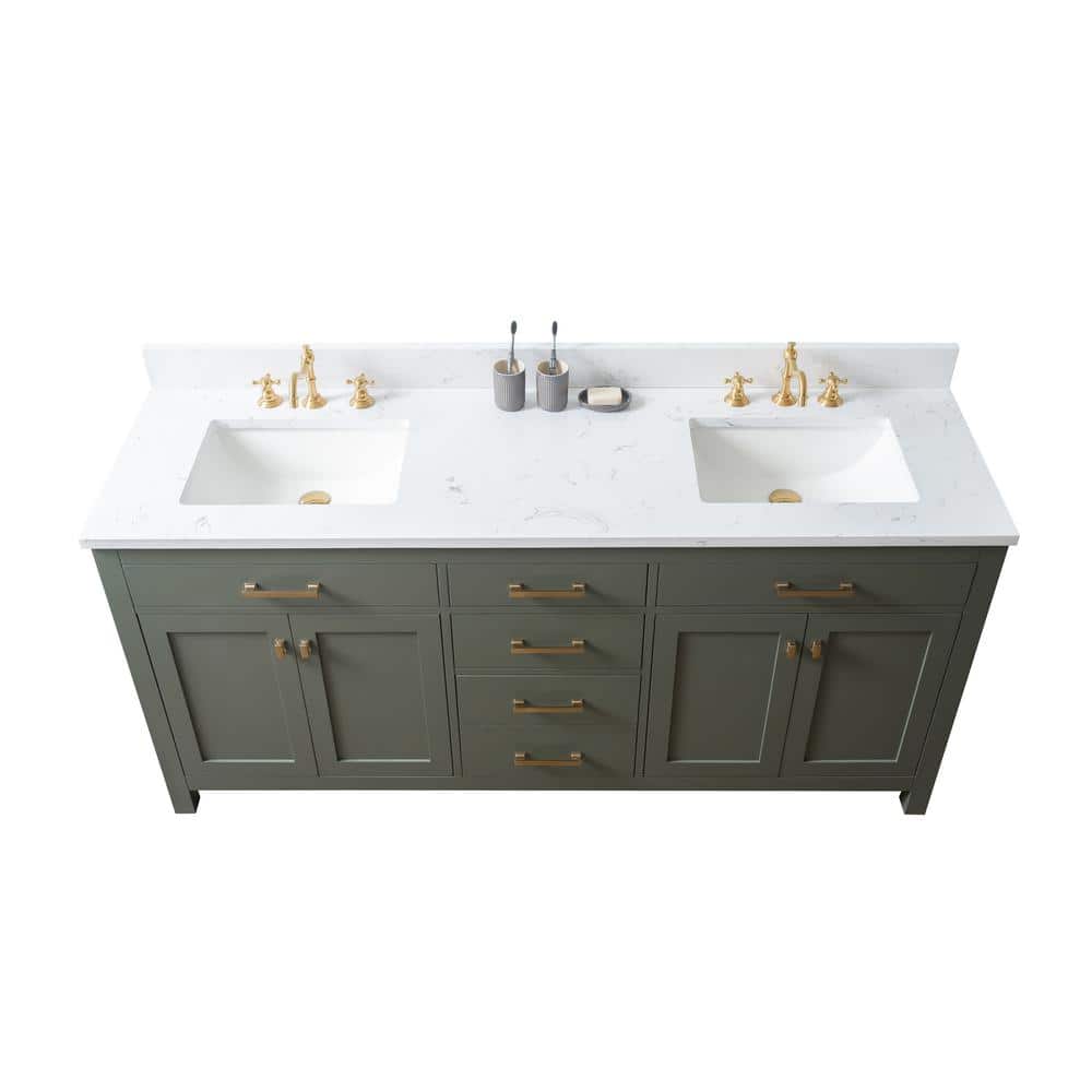 Vintage Green Double Vanity with Carrara White Top and Brushed Bronze Hardware
