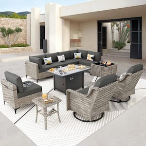 Supery Gray 11-Piece Wicker Rectangle Fire Pit Patio Conversation Set with Black Cushions and Swivel Chairs