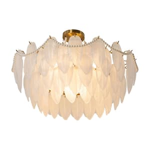 31.5 in. 12-Light White Luxurious Glass Shaded Pendant Light with Feather-Shaped Glass Shade, No Bulbs Included