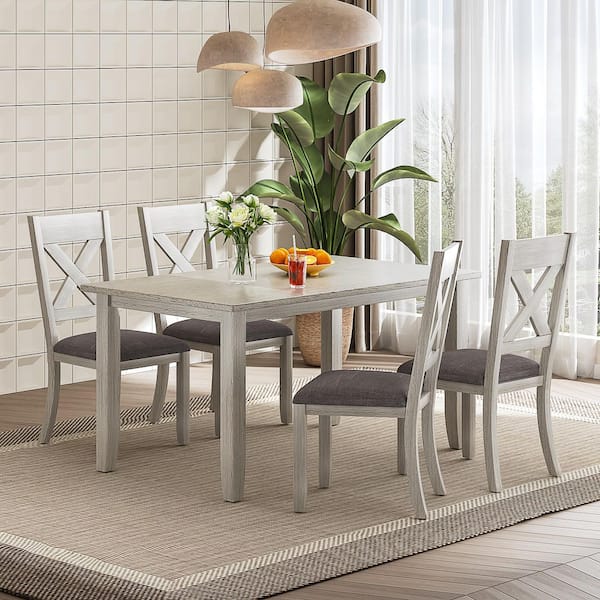 5-Piece Kitchen Table and Chairs Set, Gray Dining Table with Upholstered X-Back Chairs, Dining Room (Set for 4)