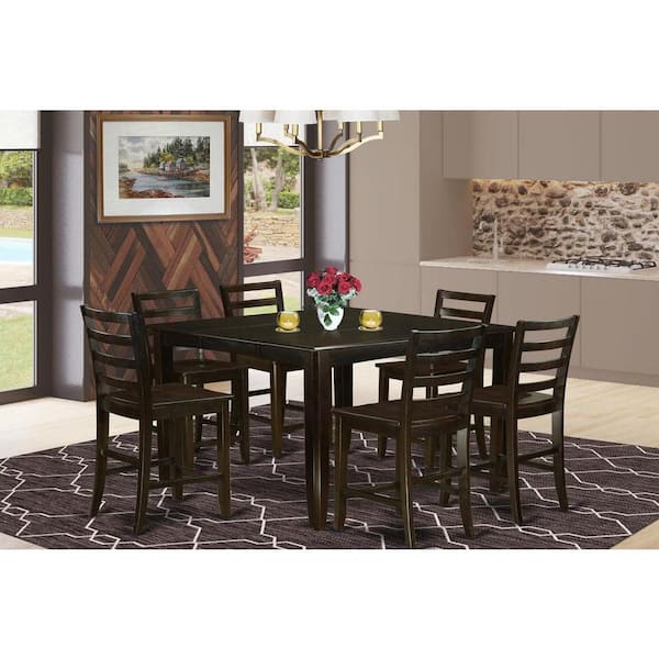 East West Furniture 7-Piece Square Cappuccino Finish Solid Wood Top Dining Table with 6 Chairs with Lattice Back