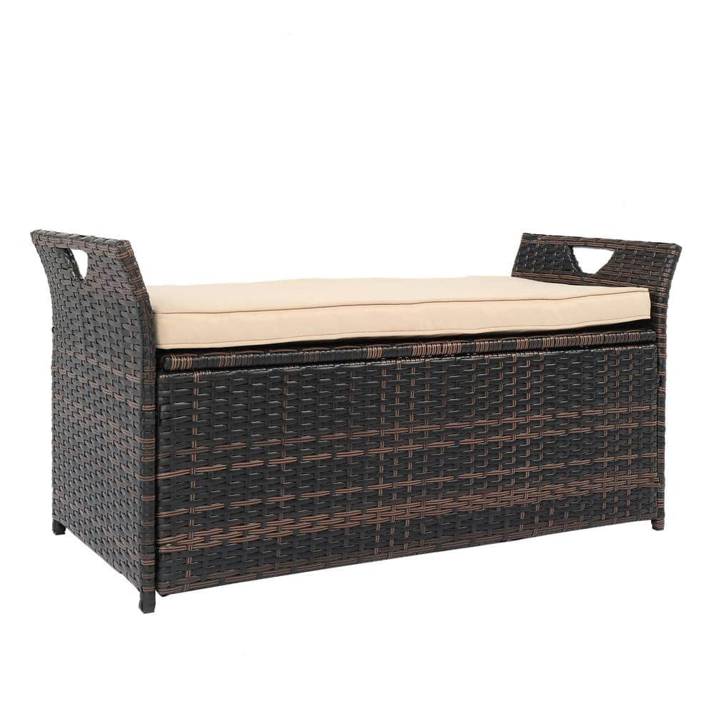 Barton rattan crawford black resin wicker outdoor garden outlet patio deck box storage bench with beige cushions