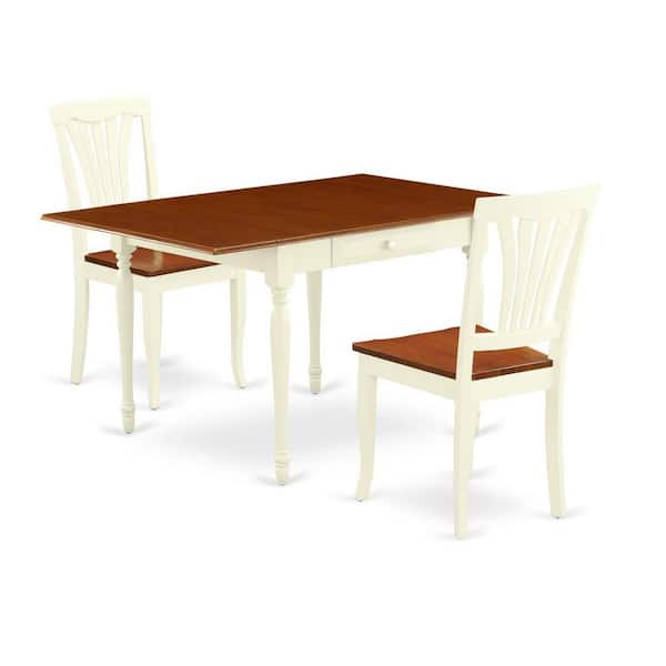 East West Furniture 3-Piece Buttermilk and Cherry Finish Solid Wood Top With Dropleaf Dining Table Set