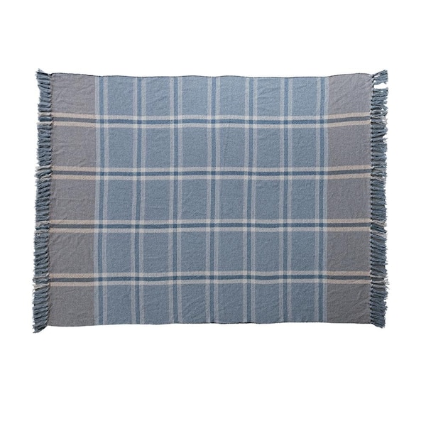 Blue Plaid Cotton Blend Throw Blanket with Fringe